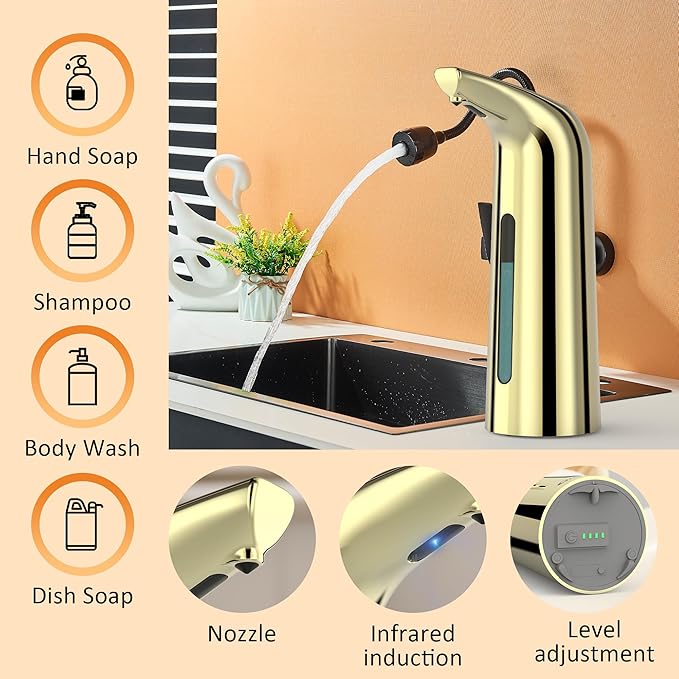 Automatic Soap Dispenser Touchless,400ML Hand & Dish Countertop Electric Liquid Rechargeable Dispenser with Sensor,Modern 4 Gear Adjustable Waterproof Kitchen Auto Soap Pump（Gold）