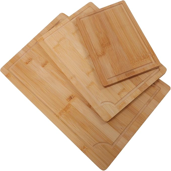 Bewinner Three Piece Wood Cutting Board Set | Smooth Cleaver Friendly Chopping Boards With Grooves And Inner Handles For Kitchen Serving