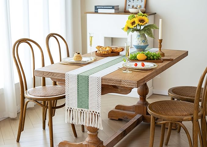 FEXIA Boho Table Runner for Home Decor with Tassels 60 Inches Long,Sage Green Farmhouse Rustic Table Runner Macrame Burlap Table Decoration for Living Room Bridal Shower(12x60 Inches)