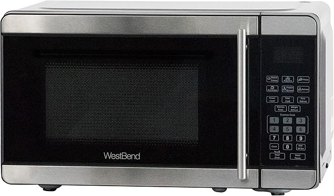 West Bend Microwave Oven 700-Watts Countertop Compact Footprint with 6 Pre Cooking Settings, Speed Defrost, Electronic Control Panel and Glass Turntable Perfect for Small Spaces, 0.7-Cu.Ft., Metallic