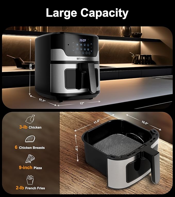 Emerson SmartVoice 5.3QT Air Fryer, 1000+ Voice Commands, 6-in-1 Digital Cooker, Compact Countertop Design, Oil-Free Healthy Cooking, Easy-Clean Nonstick Basket, 1500W