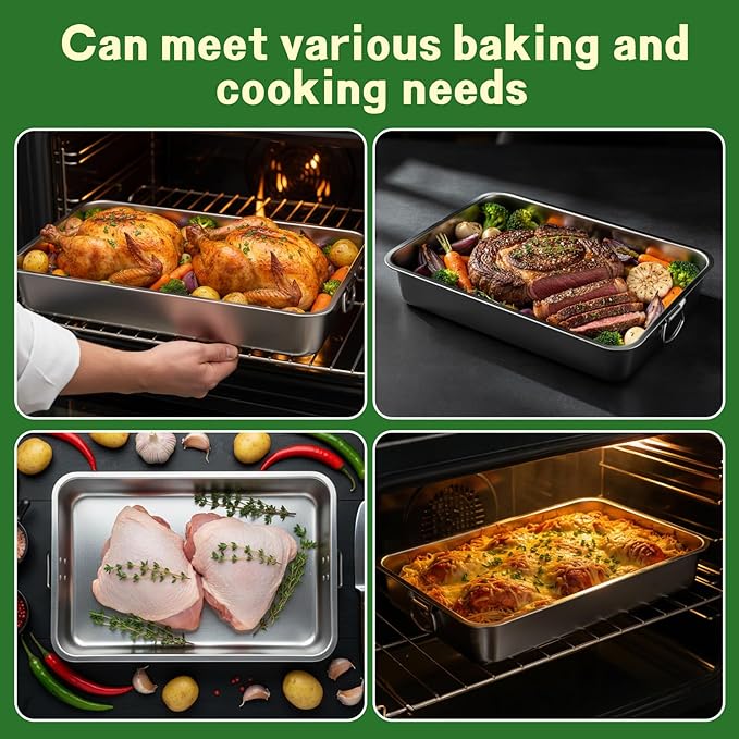 23.5''x15.5''x4''roasting Pan Stainless Steel Turkey Roasting Pan Extra Large Thickened Baking Tray with Handle for Christmas Thanksgiving Oven Turkey Roasts Multilayer Lasagna Baked Goods