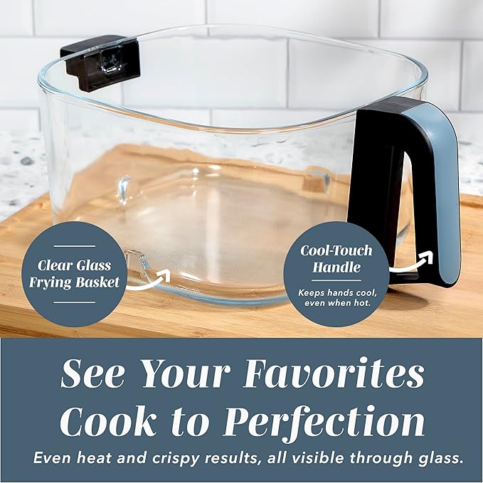 COOK WITH COLOR 1400W 5.5Qt Digital Kitchen Air Fryer with Glass Basket, 8 Presets Healthy Cooking Options, Bake, Fry, Reheat, 60-Min Timer, Adjustable Temperature Control 175°F–400°F, Slate Blue