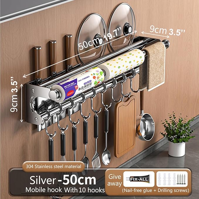 Hanging Wall Mount knife Wall Mount, Space-Saving Knife Rack with Hooks, Kitchen Organizer Storage Shelf for Utensils Spatula Spoon, Kitchen Utensil Hanger (Black, 50CM+10Hooks)