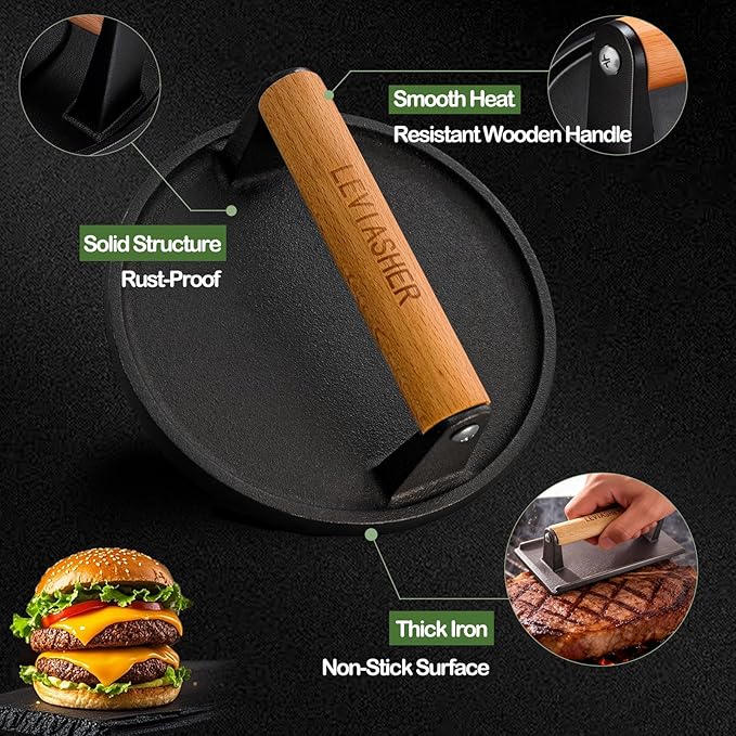 2.2lb Heavy Duty Cast Iron Grill Press, 6.69 inch Smash Burger Press Meat Steak with Wood Handle for Blackstone, Chef, Camp, Panini, Vegetable, Bacon, Sandwich, Nonstick Pan, BBQ, 2 Pack