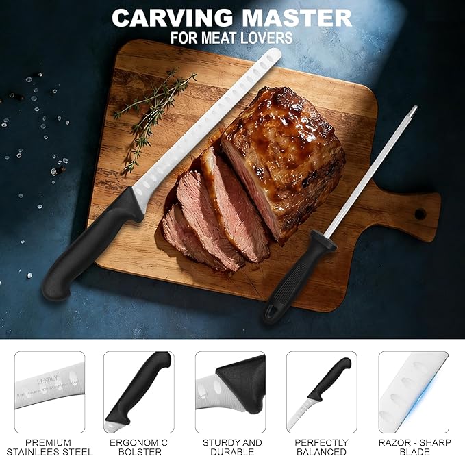 Carving Knife for Meat & 10-inch Sharpener Set - Brisket Slicing Knives with Razor Sharp High Carbon Stainless Steel Blade, Ergonomic Handle - Premium Turkey Carving Knife