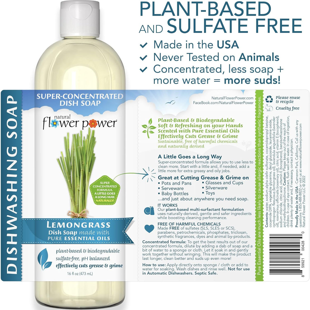 Liquid Dish Soap – Lemongrass – Plant-Based & Scented w/ Pure Essential Oils – Natural Liquid Dishwashing Detergent – Sulfate-Free Gentle Kitchen Soap – Vegan (16 Fl Oz 3 Pack)