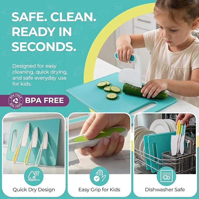 Tovla Jr Kids Safe Knife Set for Real Cooking | Toddler Knife Set with Chopper and Cutting Boards | Montessori Kitchen Tools with Visual Recipe Booklet | Ages 4 to 10