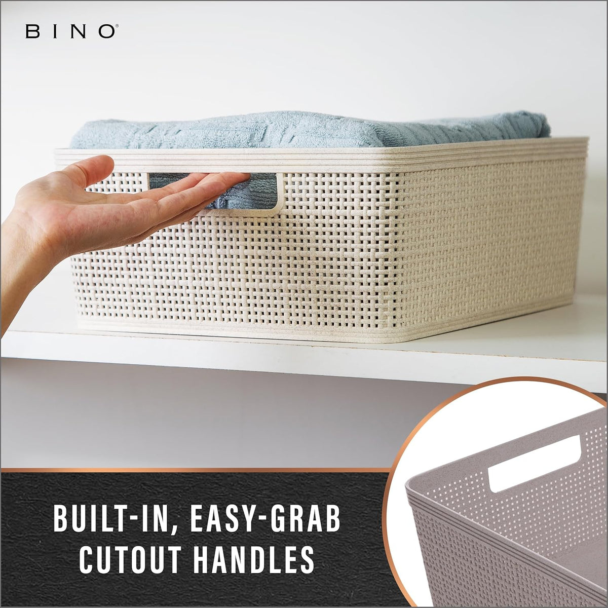 BINO - Woven Plastic Basket, Medium (Natural), 4-Pack, The Jute Collection, Home Organization, Space-Saving Storage, Stylish Design, Jute Basket