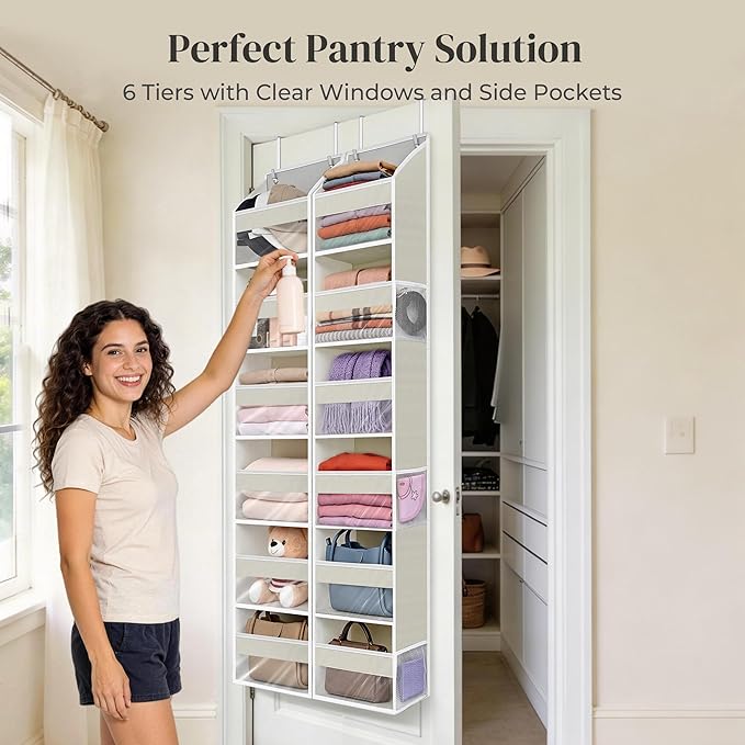 2-Pack Small 6 Tiers Over the Door Hanging Organizer, 6 Clear Pockets and 6 Mesh Pockets, 11.8” Wide for Narrow Cabinet Doors, French Doors in the Bathroom, Closet, RV