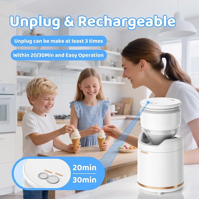 BRIOBITE Ice Cream Maker,Rechargeable Soft Ice Cream Machine with Low Noise,Compact for 1-2 Servings,Perfect for Sorbet,Gelato,Frozen Yogurt,White