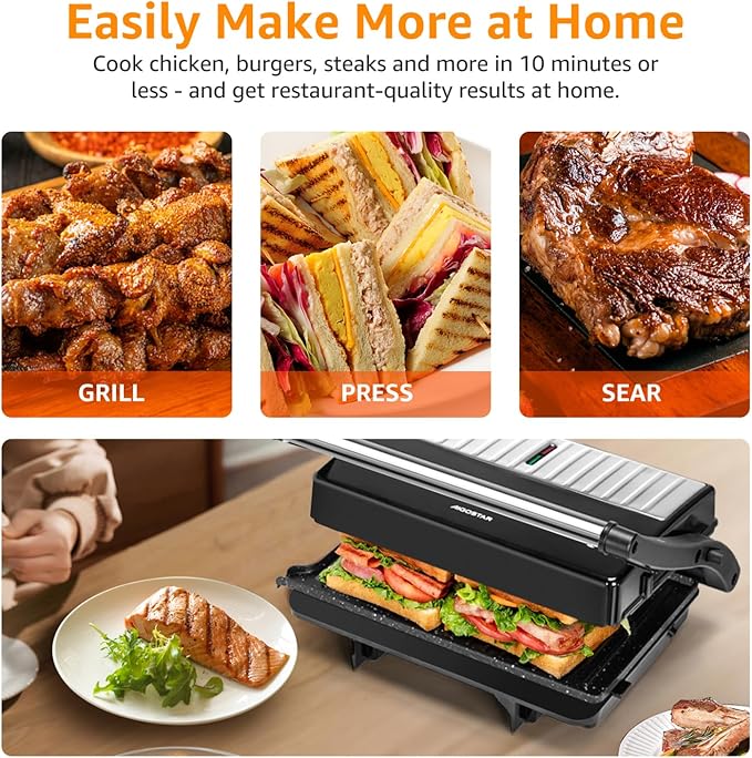 Panini Press Grill, Aigostar 1000W Sandwich Maker with Ceramic Non-stick Plates, Opens 180 Degrees for Any Size Food, 3-in-1 Sandwich Press Electric Grill, Drip Spout & Locking Lid, Sliver