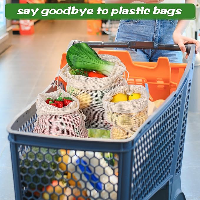 18 Pack Reusable Produce Bags Reusable Washable - Vegetable Grocery Cotton Mesh Bags for Farmers Market, Beach, and Refrigerator Storage Vegetables (6xS, 6xM, 6xL)