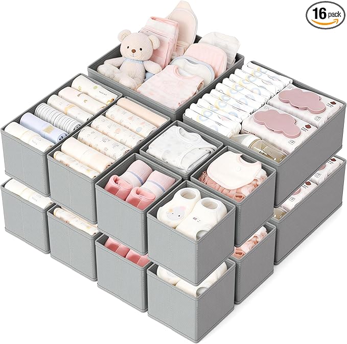 Drawer Organizer, 16 Pack Baby Dresser Organizer for Nursery, Foldable Closet Organizers and Storage Dresser Dividers for Clothes, Socks, Scarves, Ties (Gray)
