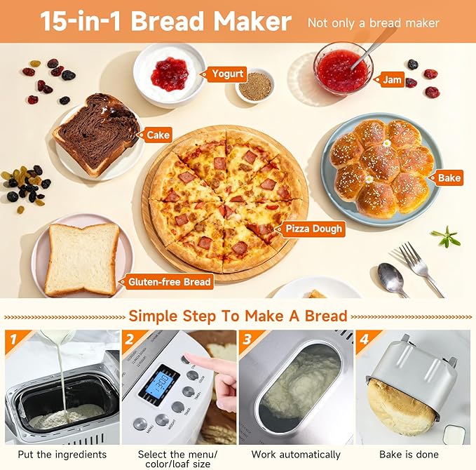 Davivy Bread Maker Machine with 2 Dough Kneading Paddles,15-in-1 Automatic Large Capacity Bread Machine Nonstick Bowl For Bread, Jam& Yogurt, 3 Loaf Sizes and 3 Crust Settings