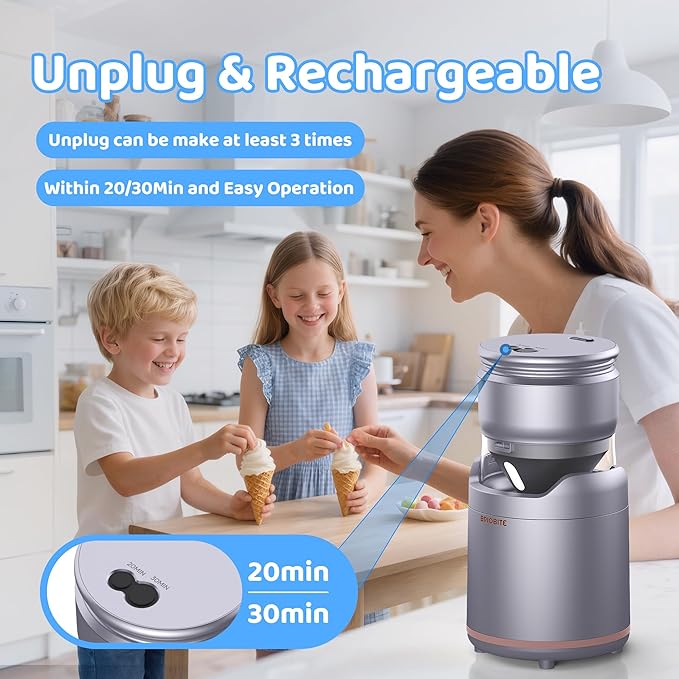 BRIOBITE Ice Cream Maker,Rechargeable Soft Ice Cream Machine with Low Noise,Compact for 1-2 Servings,Perfect for Sorbet,Gelato,Frozen Yogurt,Silver