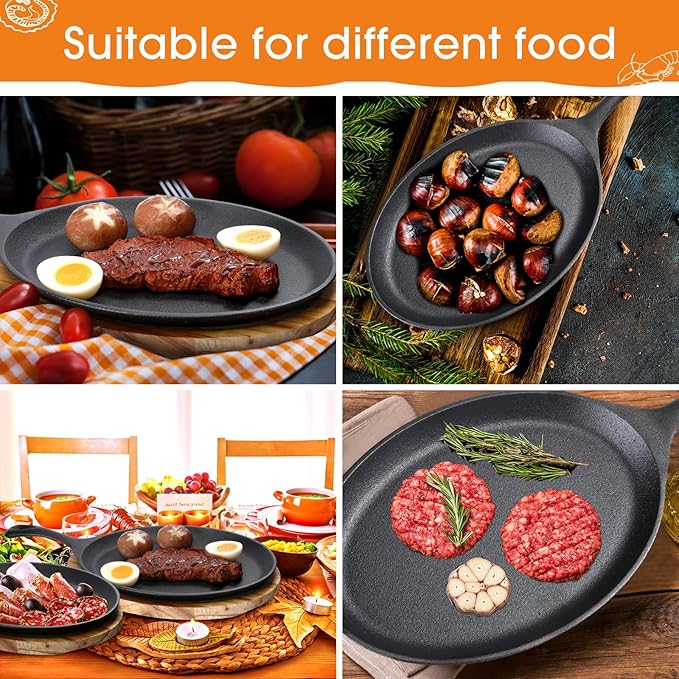 Lallisa 2 Sets Cast Iron Fajita Plate Set Fajita Plate Pan with Wooden Tray Anti Scald Protection Hot Mitt Cast Iron Skillet Set for Home Barbecue Kitchen Party Restaurant Catering Service
