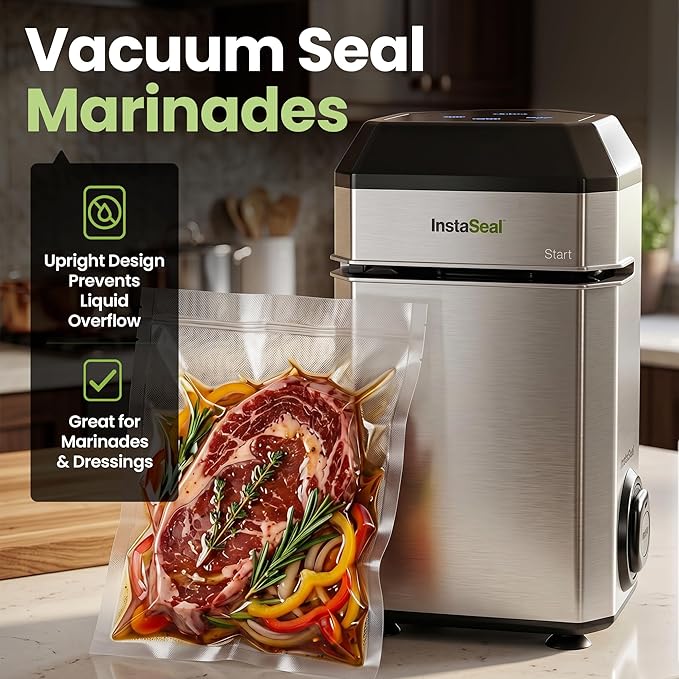 InstaSeal Vacuum Sealer for Food with 12 Bags, Preserves Foods 5x Longer, Space Saving Compact Upright Design Allows Machine to Seal Marinades, Soups, Meats for Sous Vide Cooking, Vegetables