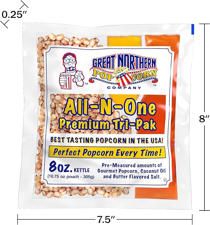 8 oz Popcorn Packs Â– Pre-Measured, Movie Theater Style, All-in-One Kernel, Salt, Oil Packets for Popcorn Machines by Great Northern Popcorn (24 Case)
