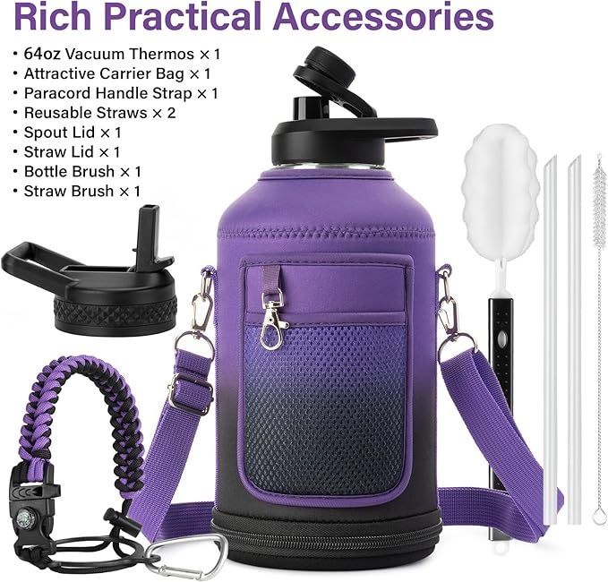 DYSANKY Insulated Water Bottle | Thickened Stainless Steel Vacuum Metal | Portable Sports Half Gallon Large Water Jug for Gym and Hiking with Straw, Carrier Bag, Handle Strap | BPA-Free 64 oz