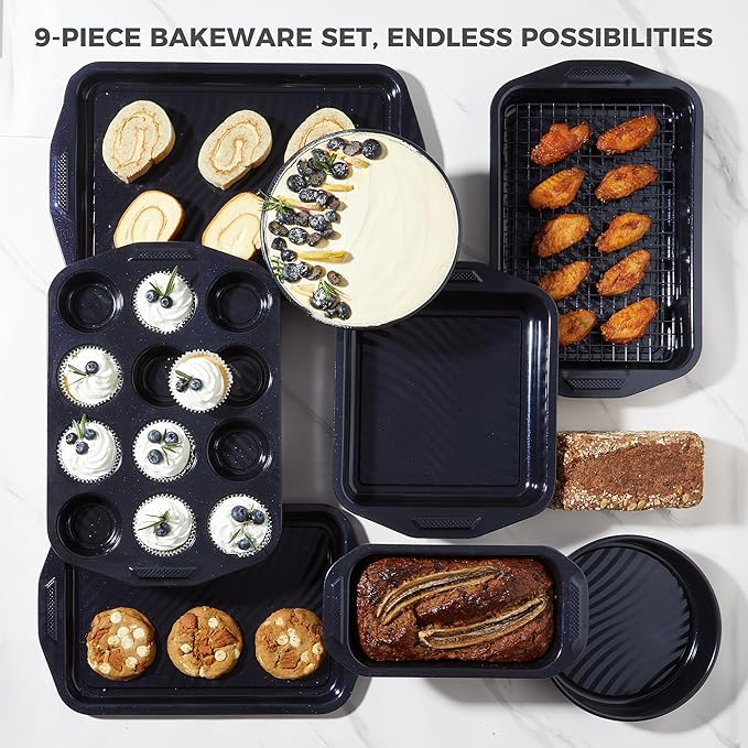 HONGBAKE 9-Piece Non Stick Bakeware Sets with Wave Texture for Reduced Grease, 0.8mm Thick Non Toxic Baking Pans Set, Includes Stackable Cookie Sheets for Oven Cooking, Shimmer Blue