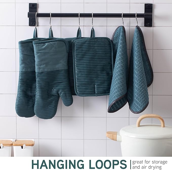 COOK WITH COLOR Silicone Oven Mitts- Heat Resistant Gloves with Soft Quilted Lining Oven Mitt Pot Holders for Cooking and BBQ, Teal, Material Mitt Set