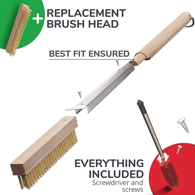 Senwosa 26” Pizza Oven Brush with Stone Scraper - Heat Resistant Stainless Steel Bristles, Extra Long Handle - Compatible with Ooni, Gozney & Similar Ovens - Includes Spare Head