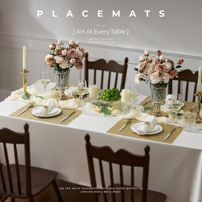 Leetaltree Gold Placemats Set of 12 - Heat Resistant Non-Slip Place mats for Dining Table, Washable Durable PVC Vinyl Woven Table Mats(Luxury Gold, 12)