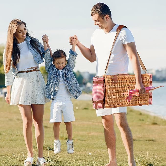 Wicker Picnic Basket Set for 4 Person with Cooler Compartment and Waterproof Picnic Blanket,Removable Strap,Wine Bag,Cutlery Set,for Camping,Day Travel,Beach,Hiking,BBQ and Family/Couples Gifts (Red)