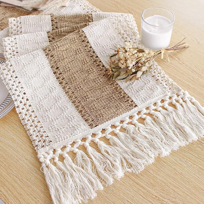 FEXIA Boho Table Runner 48 Inches Long with Tassels Christmas Thanksgiving Farmhouse Home Decor Rustic Cream & Brown Macrame Table Runner for Dining Bedroom Baby Bridal Shower Decor(12x48 Inches)