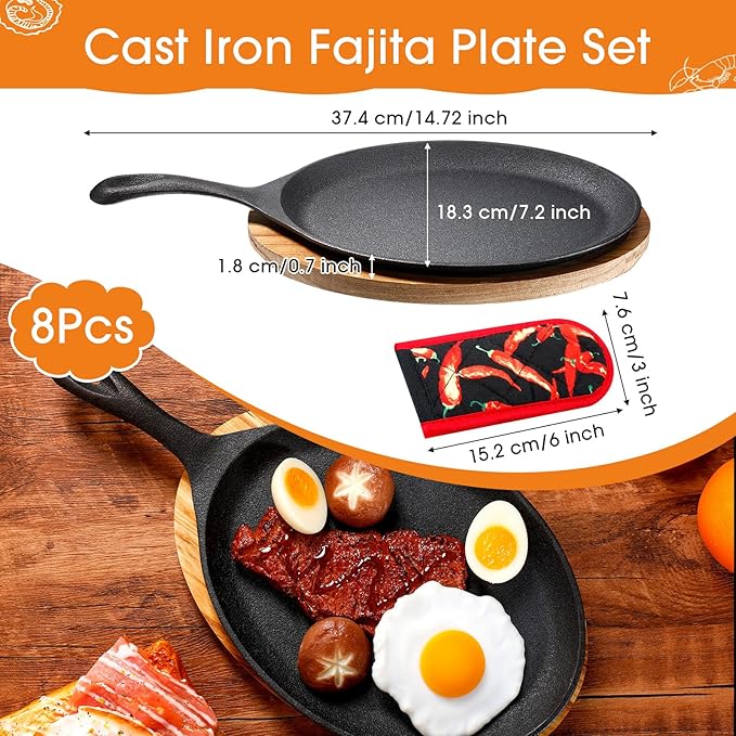 Lallisa 8 Sets Cast Iron Fajita Plate Set Fajita Plate Pan with Wooden Tray Anti Scald Protection Hot Mitt Cast Iron Skillet Set for Home Barbecue Kitchen Party Restaurant Catering Service