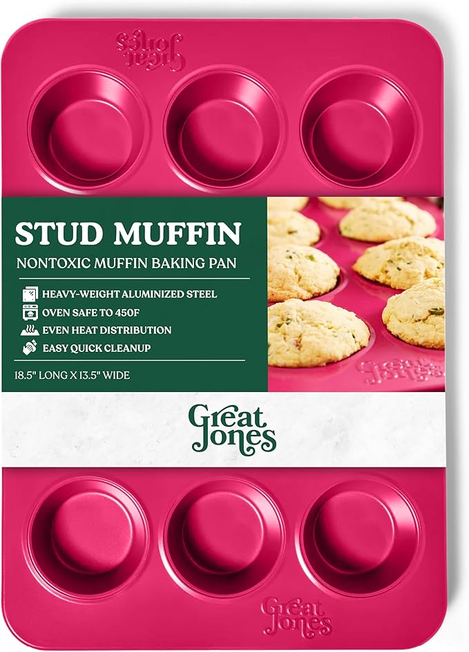 Great Jones Stud Muffin (Raspberry) | Nonstick 12-Cup Muffin Pan | Dual-Layer Nonstick Coating | Chemical-Free & Nontoxic | Oven-Safe to 450°F | Warp-Resistant & Easy Cleanup