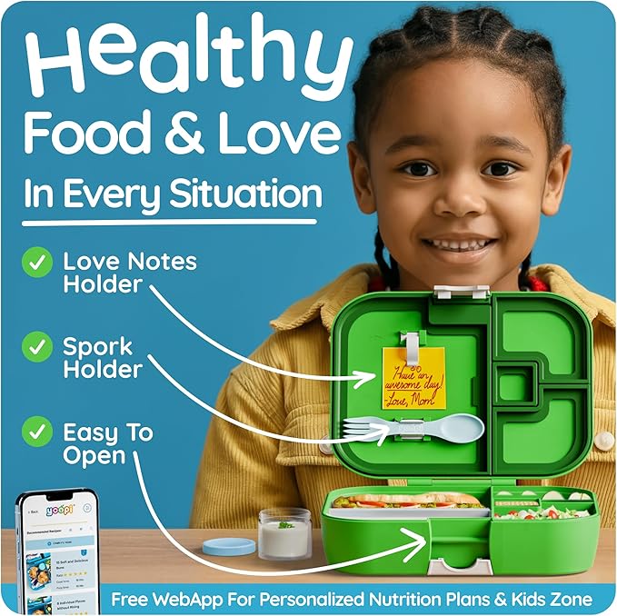 YOOPI Lunch Boxes for Kids–Toddler Bento Box with 4 Leakproof Compartment Food Bentobox Container,Lunch Box for School with Lunchbox Containers, Lightweight Sandwich Box & Snack Box (Green)