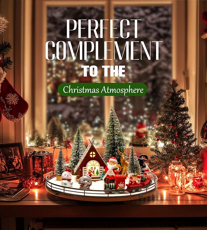 AMH 12 PCS Christmas Table Decorations Set with Oak Rotating Base – Xmas Town Village Centerpiece with Santa, Train, House, Trees & Figurines, Tabletop Decorations for Holiday Dining & Coffee Tables