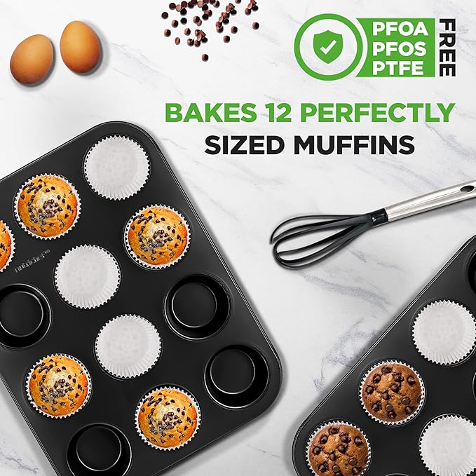 NutriChef Muffin Pans for Baking 2-Pack | Nonstick 12 Mold Cupcake Tins | Carbon Steel Stackable Cup Cake Trays | Dishwasher & Oven Safe | Includes 100 Parchment Paper Liners | 13 x 10 x 1 | Black