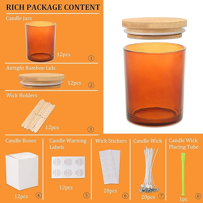 MILIVIXAY 12 pcs 10 OZ Amber Glass Candle Jars with Lids and Candle Making Kits - Bulk Empty Candle Jars for Making Candles - Spice, Powder Containers.