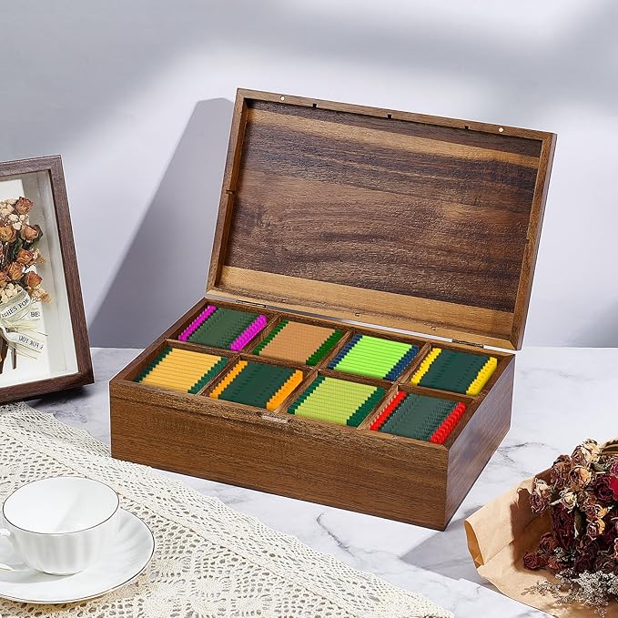 Acacia Wood Tea Bag Organizer Tea Storage Box Organizer Teabag Holder Container Tea Caddy for Tea Bags Chest 8 Compartments Divided Storage Container for Countertop Kitchen Cabinet Pantry