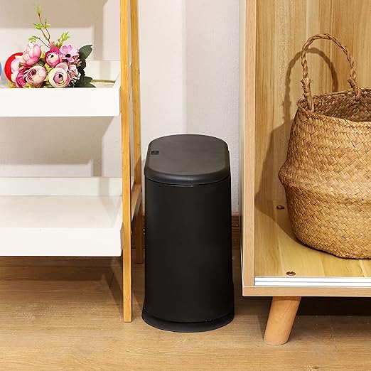 12L Black Slim Bathroom Trash Can with Press Top Lid,3.17 Gallon Pet/Dog Proof Kitchen Trash Can,Thin Garbage Can,Covered Wastebasket,Narrow Small Plastic Trashcan for Craft Room,Bedroom,Office,Dorm