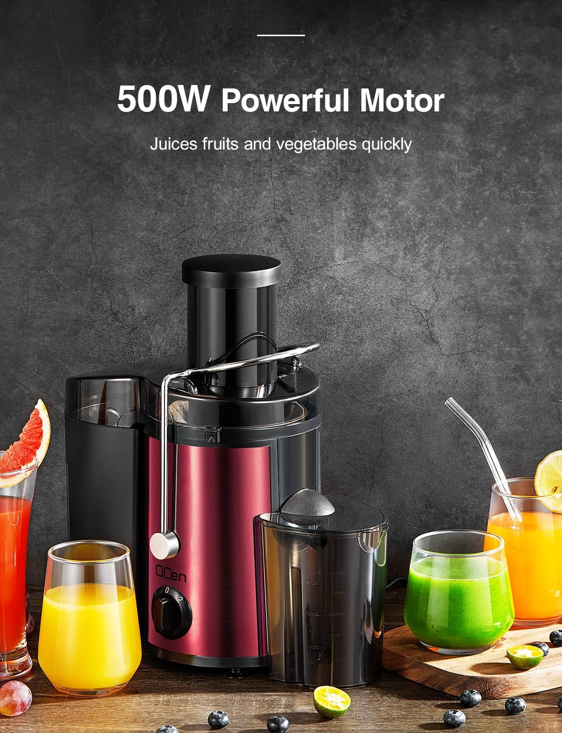 QCen Juicer Machine, 500W Centrifugal Juicer Extractor with Wide Mouth 3” Feed Chute for Fruit Vegetable, Easy to Clean, Stainless Steel, BPA-free (Metallic Red)