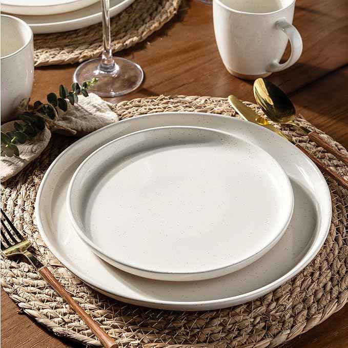 AmorArc Ceramic Dinnerware Sets for 8, 24 Pieces Handpainted Plates and Bowls Set with Rustic Terracotta Underside, Scratch Resistant Stoneware Dishes Set, Dishwasher & Microwave Safe, Light Beige