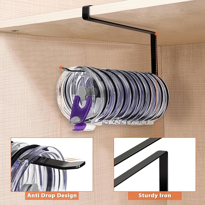 2 Pack Tumbler Lid Organizer, Horizontal Tumbler Lid Storage Hook to Hold Up 20 Lids, Space Saving Cup Lid Holders Under Cabinet Tumbler Lid Hook for Kitchen Organizer, Paper Towel Rack Hanger (Black)