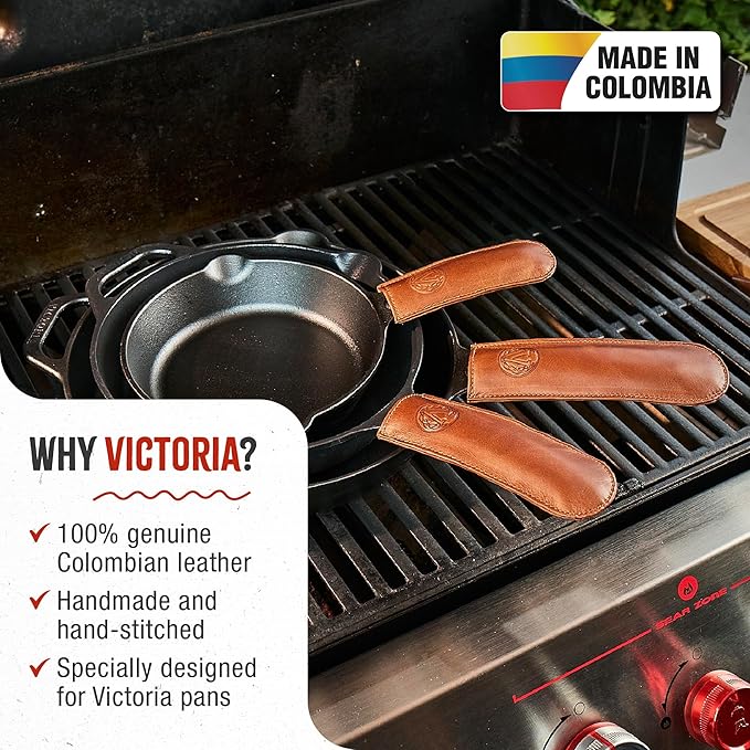 Victoria Leather Handle Cover for Cast Iron Skillets, Heat-Resistant Pan Handle Sleeve, Handmade in Colombia, Large