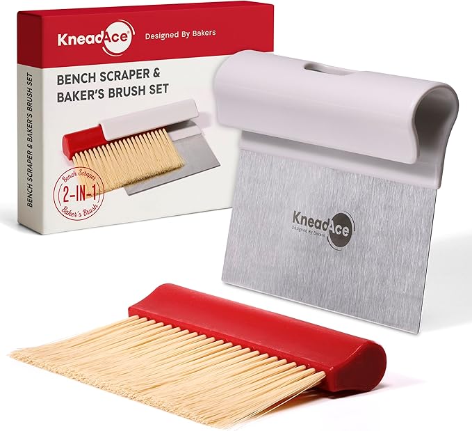 KneadAce Dough Scraper & Baker’s Brush Set. Stainless Steel Bench Scraper & Flour Cleaning Brush. Kitchen Tool for Pastry, Sourdough and Baking Prep Bread Dough Cutter, Gift For Bakers (White/Red)