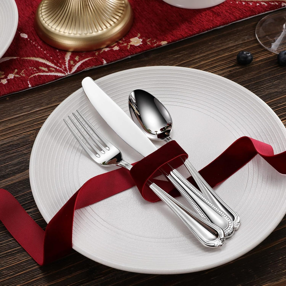 KEAWELL Pearl Edge Premium 20-Piece Refined Bead Silverware Set, 18/10 Stainless Steel, Service for 4, Fine Flatware Set, Dishwasher Safe (20, Silver)