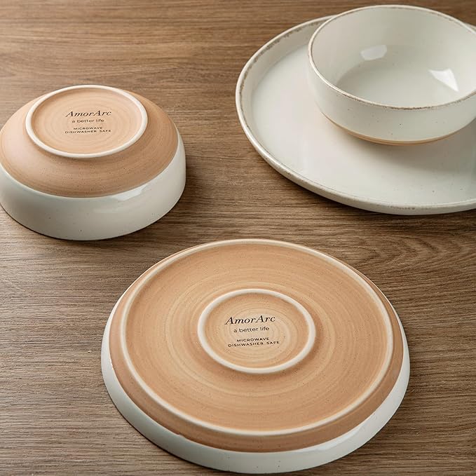 AmorArc Ceramic Dinnerware Sets with Pasta Bowls for 4, Handpainted Plates and Bowls Set with Rustic Terracotta Underside, Scratch Resistant Dishes Set, Dishwasher & Microwave Safe, 16 Pcs
