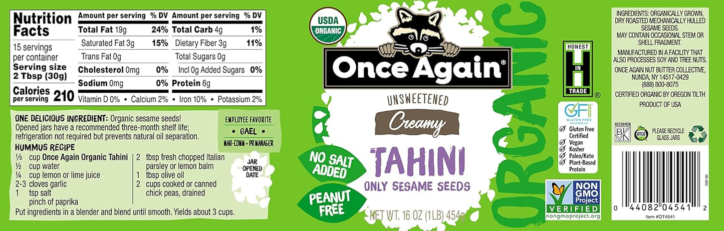 Once Again Organic Sesame Tahini, 16oz - Salt Free, Unsweetened - USDA Organic, Gluten Free, Vegan, Kosher, Peanut Free - Glass Jar - Case of 12