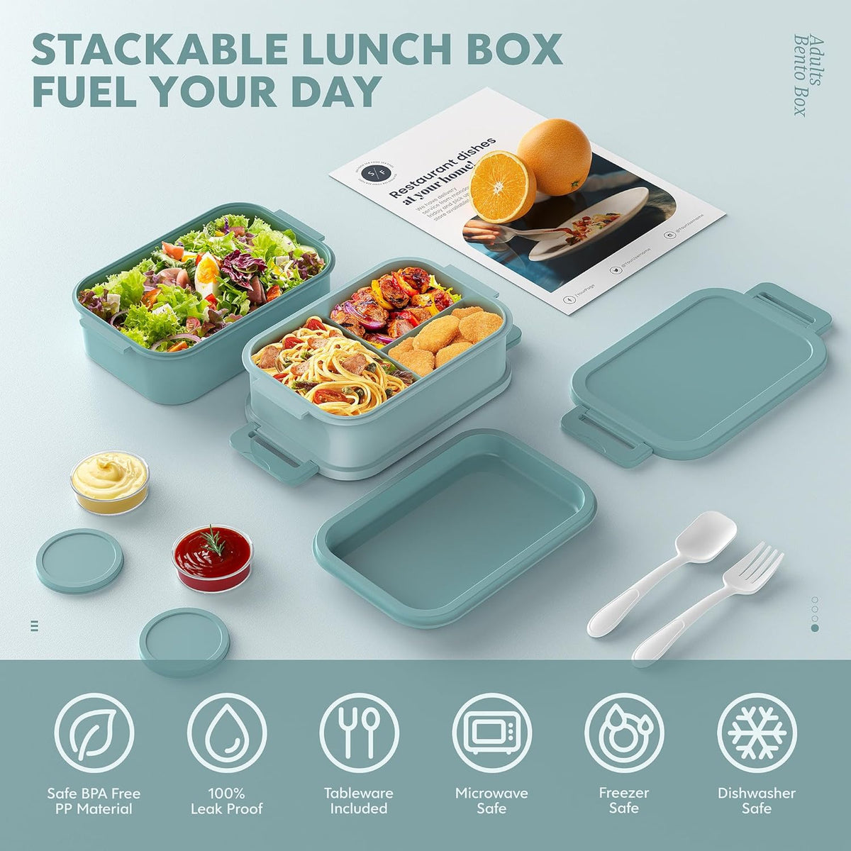 Jelife Bento Box Adult Lunch Box - 72oz Stackable Bento Lunch Box for Adults, 3 Layers All-in-One Large Bento Box Leak-Proof Lunchbox with Utensil Sauce Dressing Containers for Dining Out,Work, Green