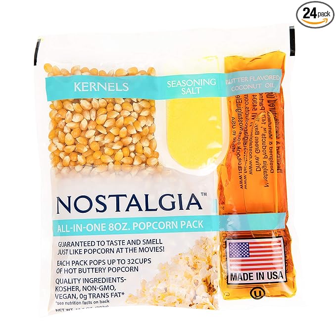 Nostalgia Movie Theater Style Popcorn Packets for Popcorn Machine, All-in-One Popcorn Kernels, Butter Flavored Coconut Oil, Seasoning Salt, 8oz Packs, 24 Count