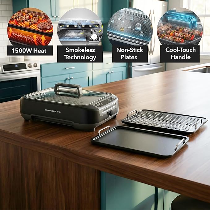 OVENTE Smokeless Indoor Grill, 1500W Electric Portable Korean BBQ Grill with One-Touch Control, LED Smart Display, Tempered Glass Lid, Two Removable Non-Stick and Dishwasher Safe Plates, Black SGR85B