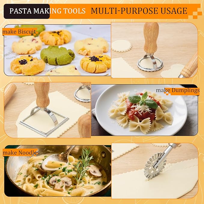 7 pcs Wood Gnocchi Pasta Making Tools Kit with Threaded Pasta Roller Pin Set,Gnocchi Board,Ravioli Stamps and Pasta Cutter.Noodle and Dumplings Maker, For Pasta Maker And Kitchen DIY Gift